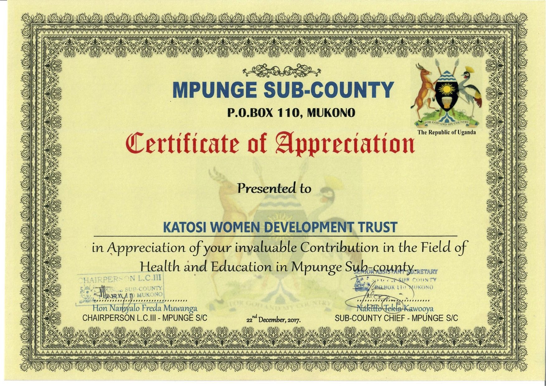 Contribution in the Field of Health and Education in Mpunge Subcounty