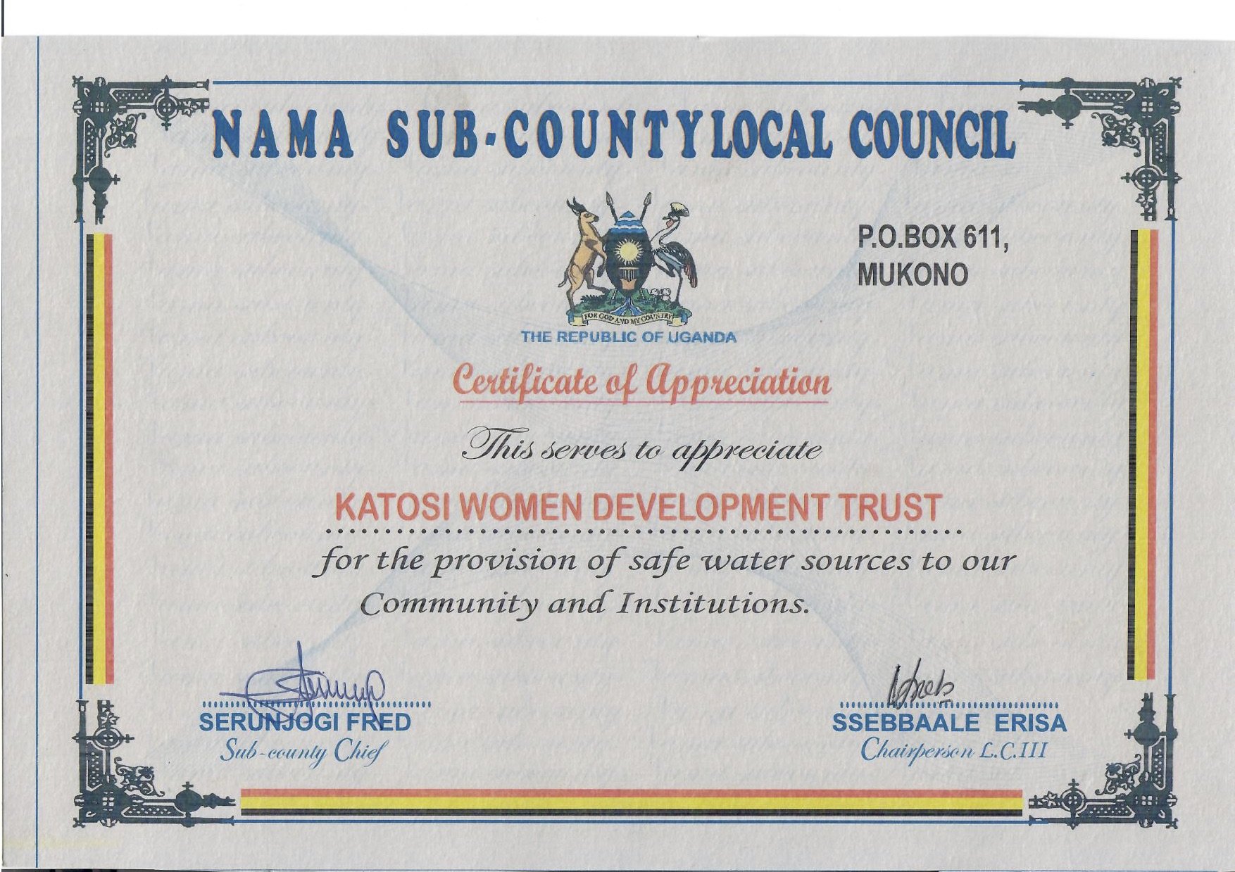 Provision of safe water sources to Nama subcounty community and Institutions
